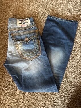 True Religion Men’s Blue Straight Jeans with Signature Stitching